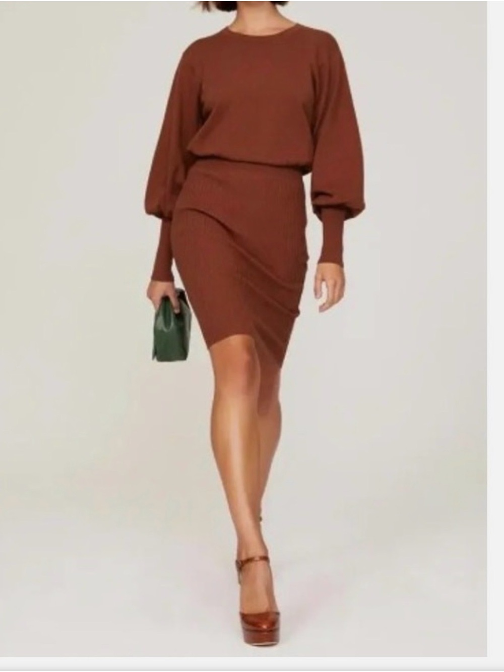 TOCCIN Rust Knit Midi Dress with Lantern Sleeves MED